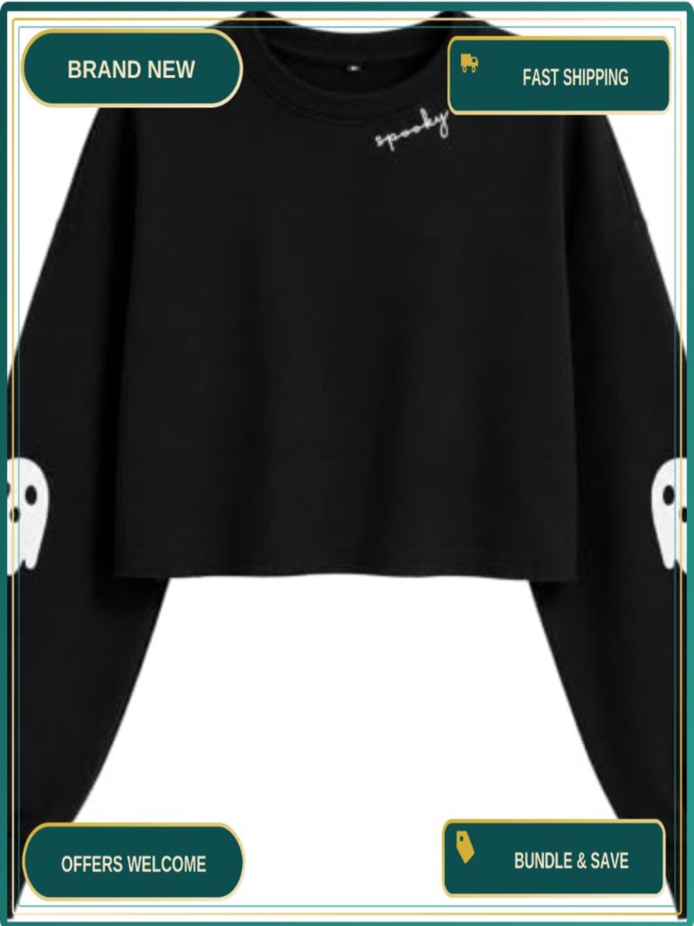 Women's Halloween Crop Sweatshirt Cotton Polyester Crewneck Pullover Ghost Witch
